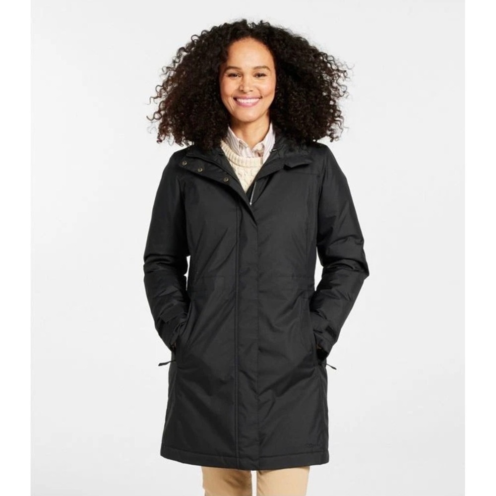 LL Bean 271139 Winter Warmer Coat Womens Medium Black Hooded Jacket Fleece